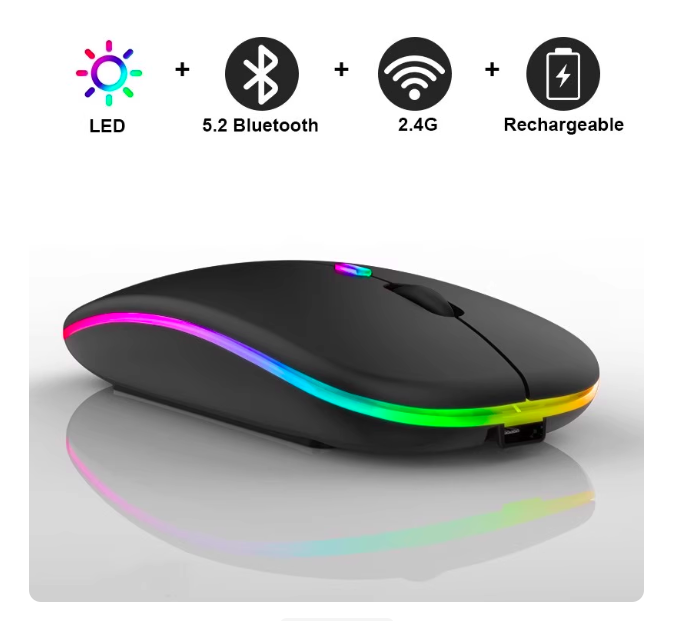 Souris Sans Fil LED RGB – Bluetooth 5.2 + 2.4G – Rechargeable – Ultra Silencieuse & Ergonomique